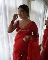 Flower Print Border Red Pure Organza Saree